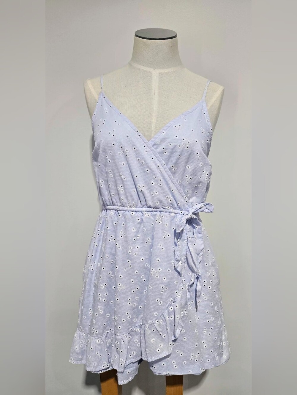 Light Blue Eyelet Wrap Romper with Tie Waist